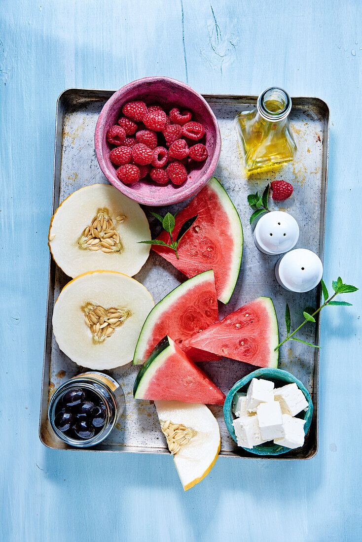 Ingredients for watermelon and feta salad