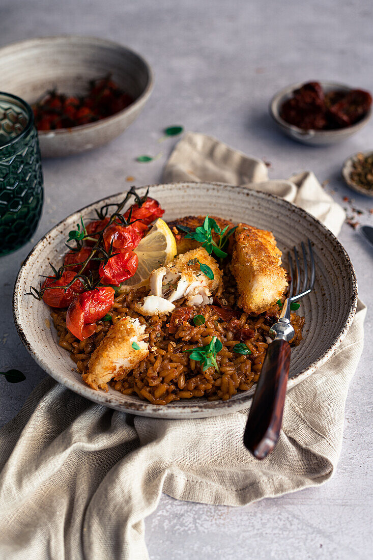 Tomato risotto with homemade fish sticks