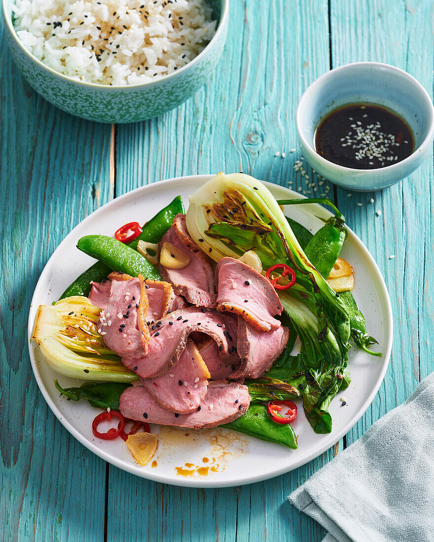Pan fried duck breast with bok choy