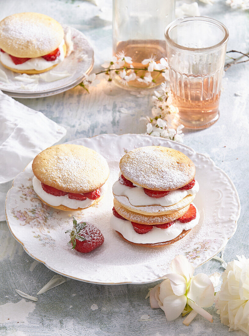 Mini almond and strawberry layered cakes