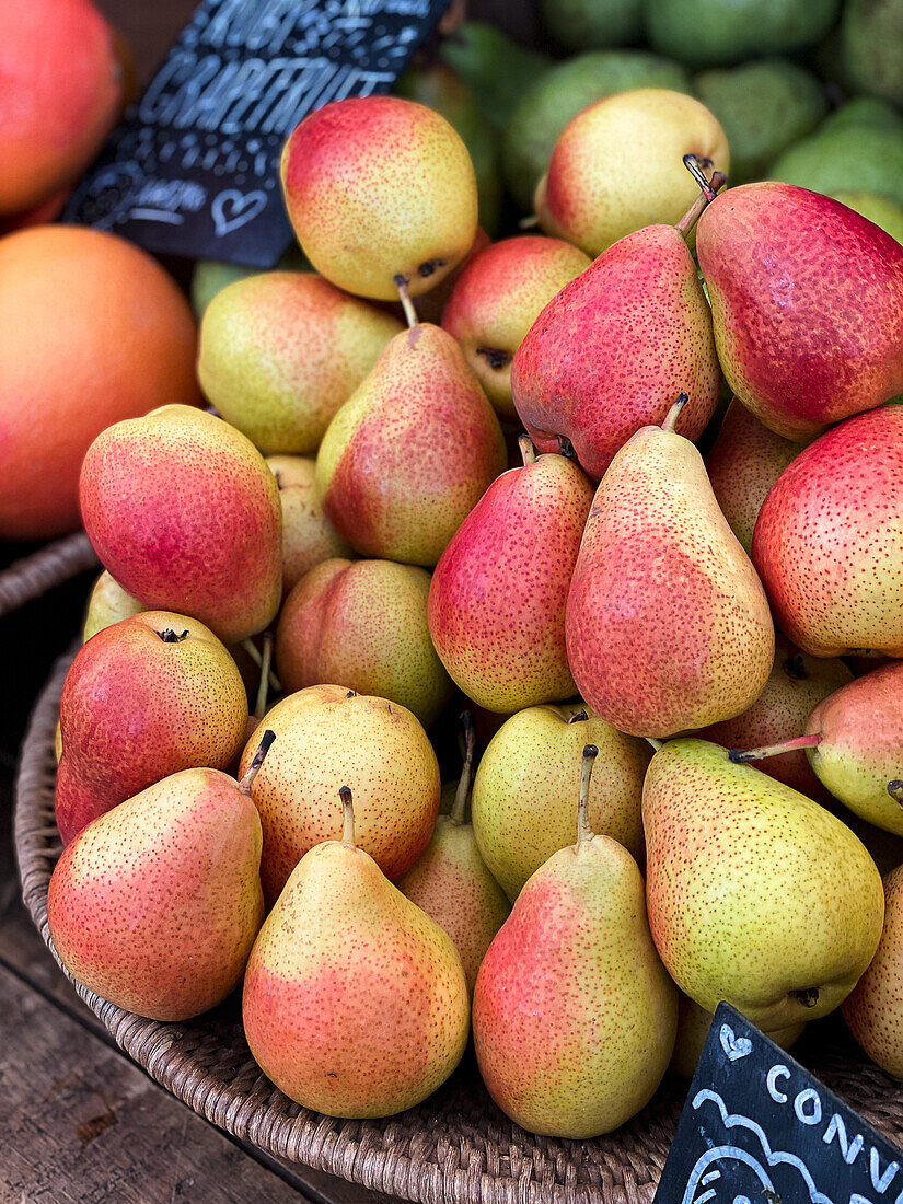 Pears for sale at the farmers' market in Cape Town, South Africa
