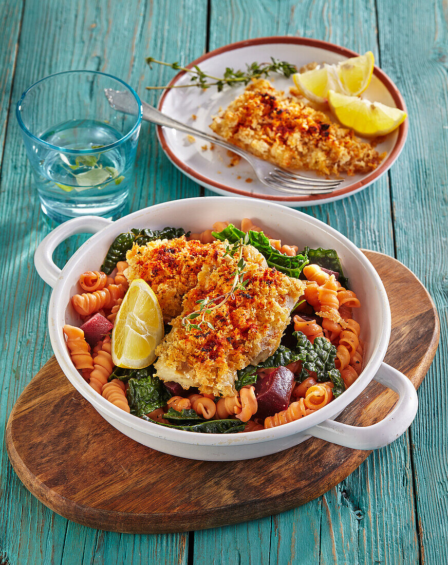 Roasted cod with garlic-cheese crumb and beetroot pasta