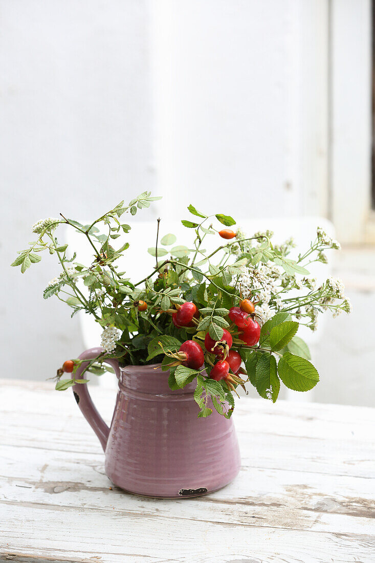 Hagebutten und Schafgarbe in Vase