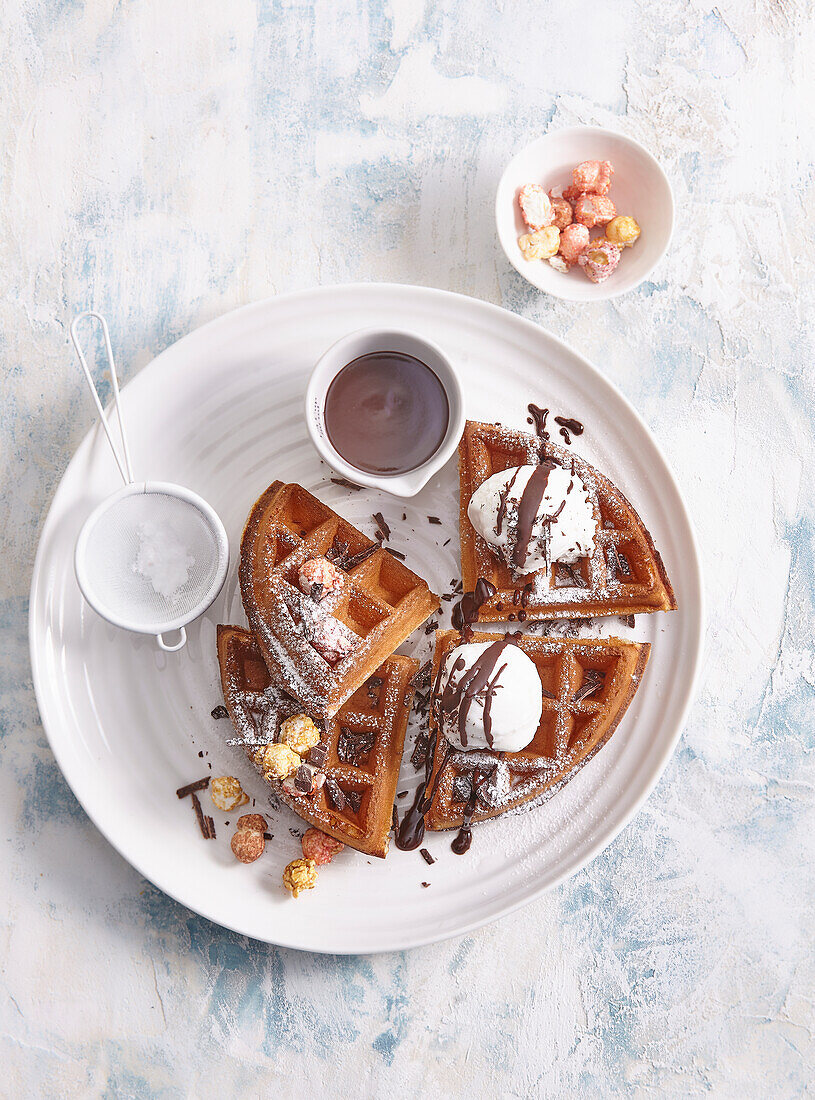 Waffles with chocolate and ice cream