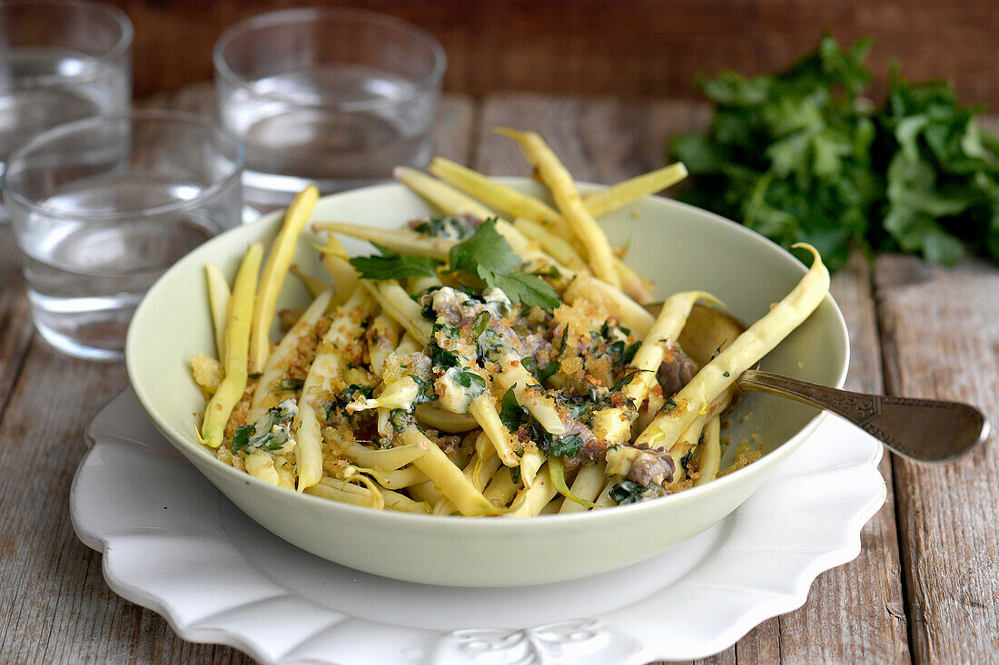 Wax beans with anchovy butter and garlic