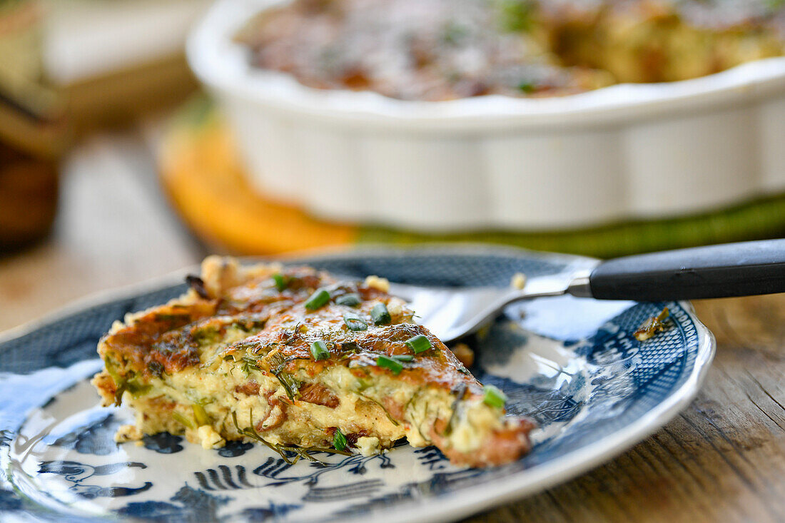 Cheese pie with chanterelles, dill, and chives.