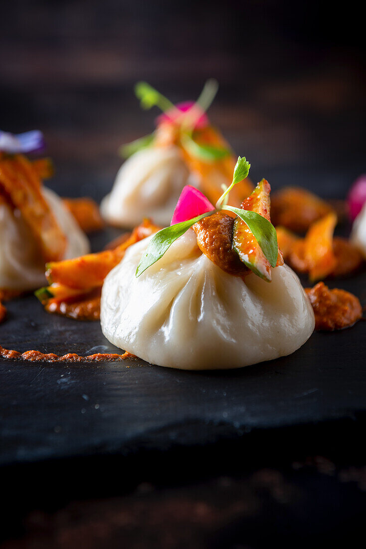 Chicken momos (steamed dumplings, India)