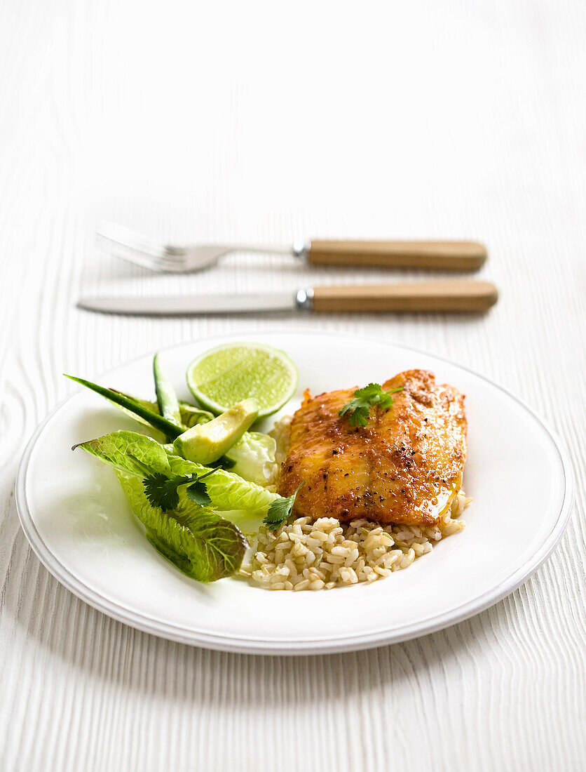 Pan fried fish with rice