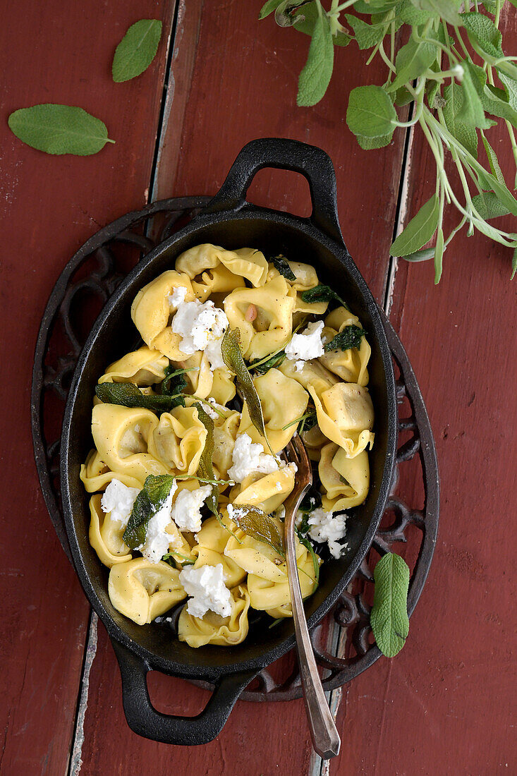 Tortellini with lemon-scented sage butter and goat cheese