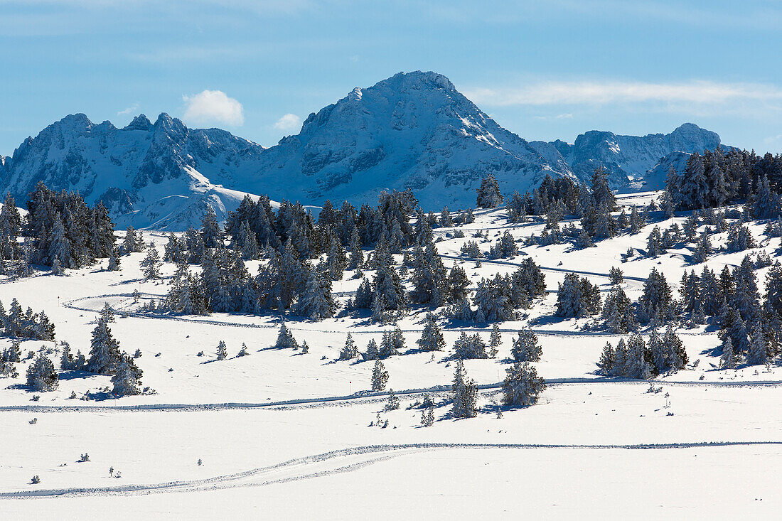 Berglandschaft im Winter, Plateau de Beille, bei Les Cabannes, Département Ariège, Pyrenäen, Okzitanien, Frankreich