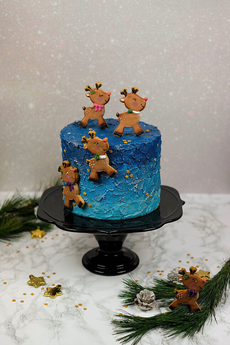 Chocolate pistachio cake decorated with reindeer biscuits for Christmas