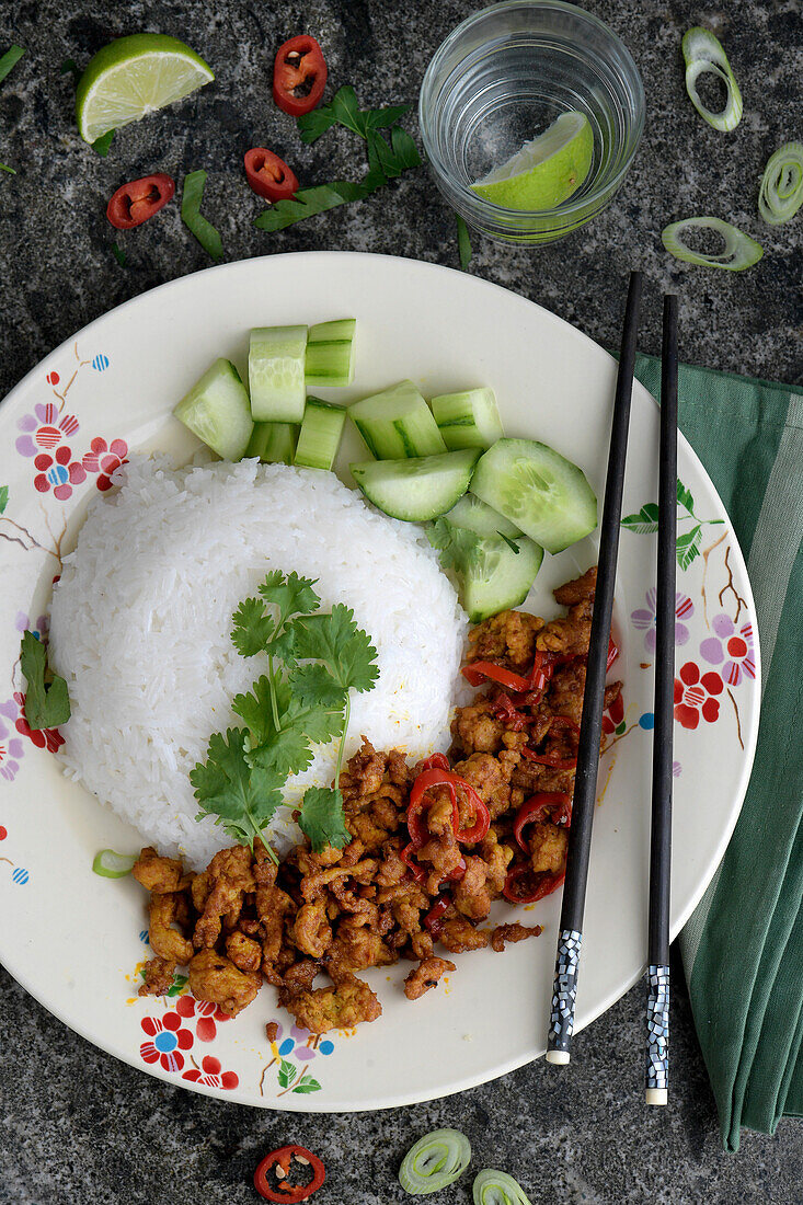 Ground chicken with hot chilies and rice (Thailand)
