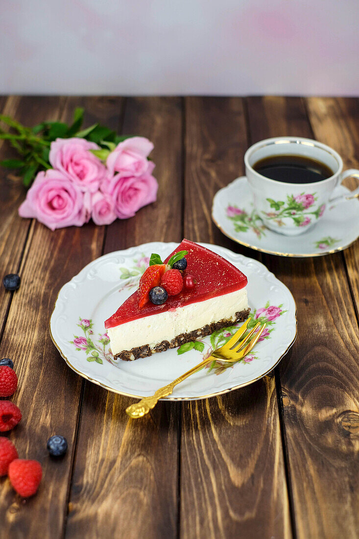 A slice of vanilla raspberry cheesecake