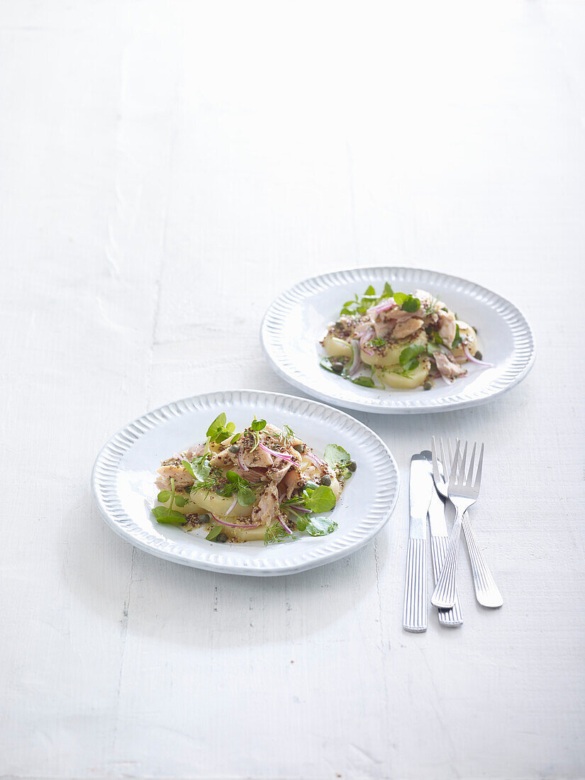 Potato salad with smoked trout and mustard dressing
