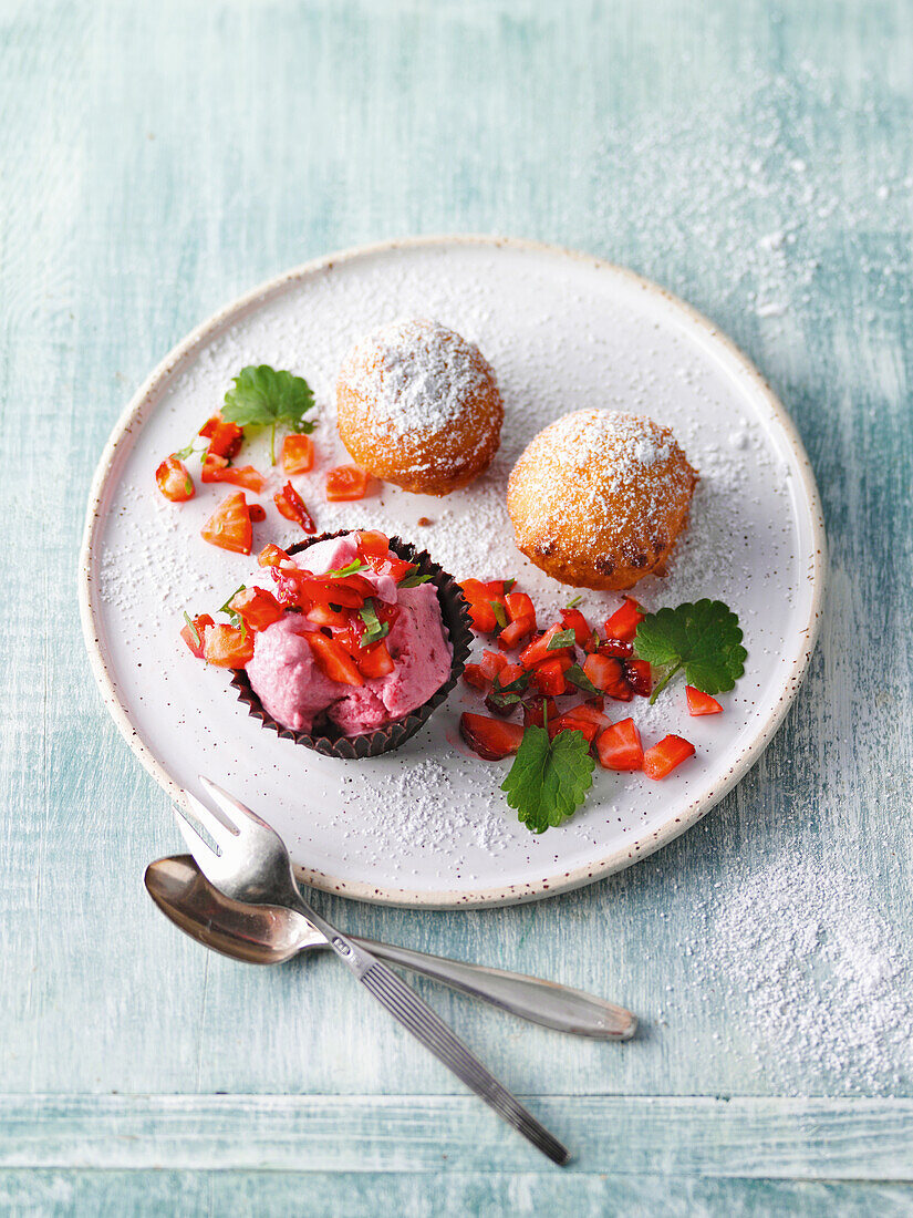 German dumplings with strawberry-goat curd ice cream