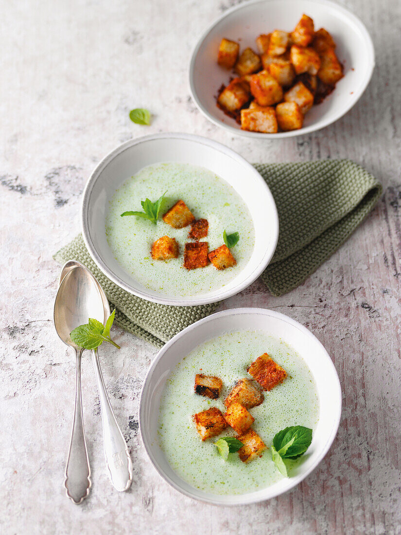 Cucumber soup with mint and pepper croutons