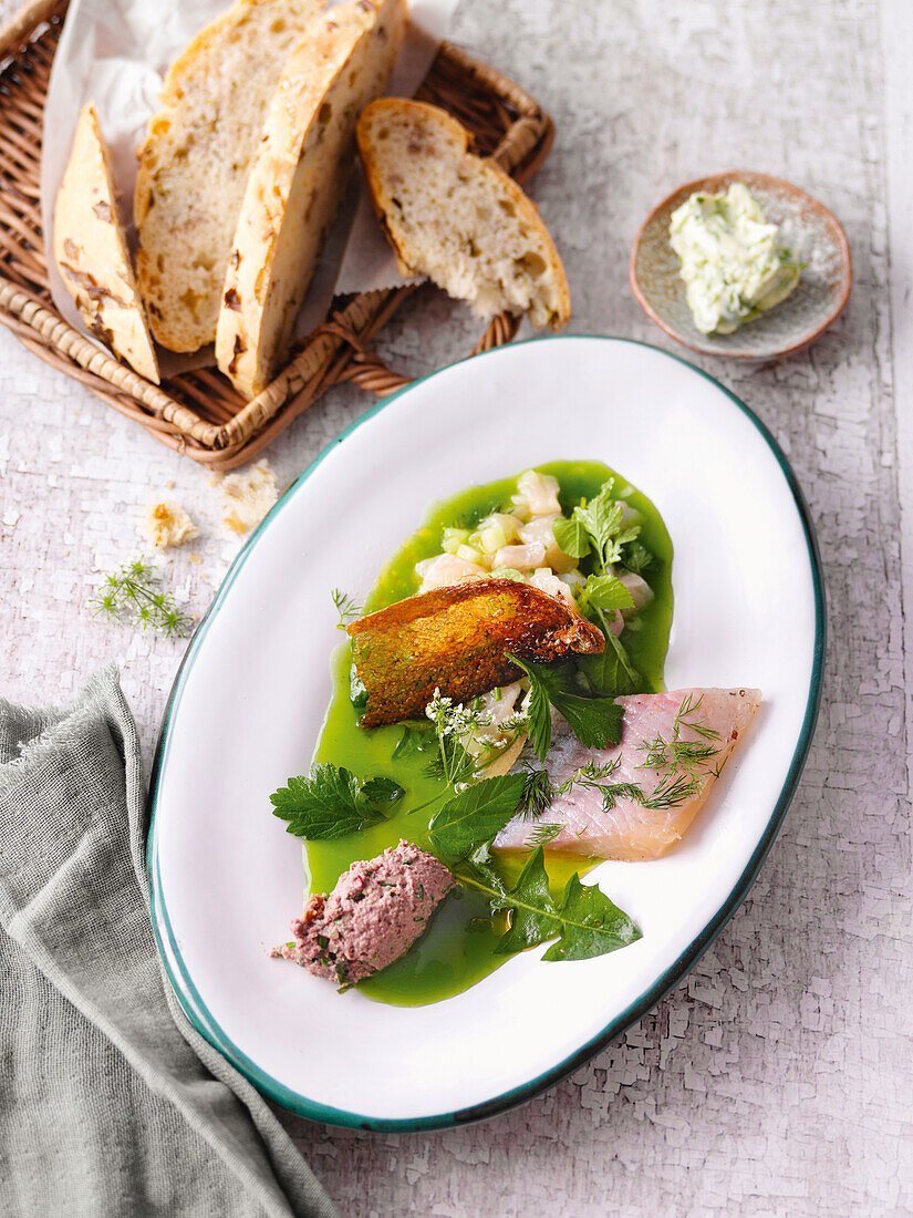 Two trout fillets with char liver paté