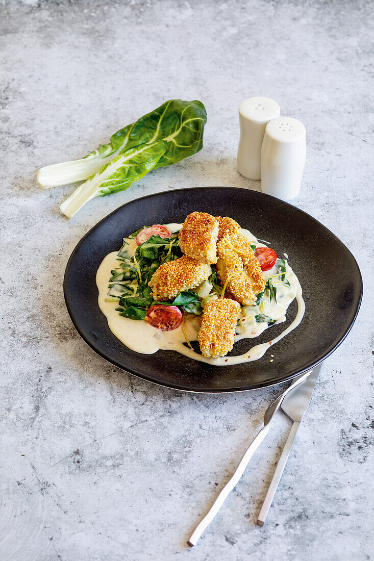 Kabeljau-Nuggets mit Mangold-Tomaten-Gemüse