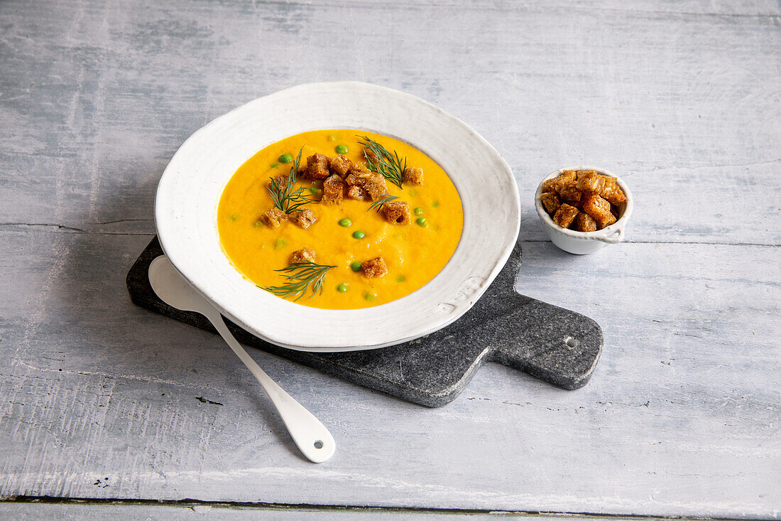 Carrot soup with ginger croutons