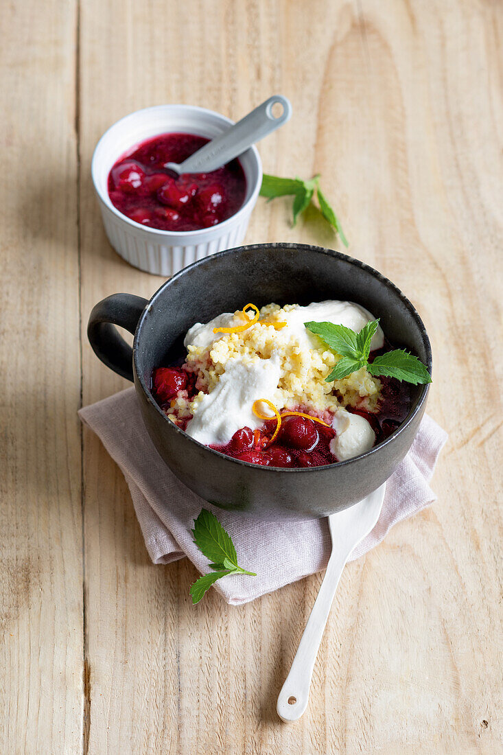 Warm millet muesli with cherry compote