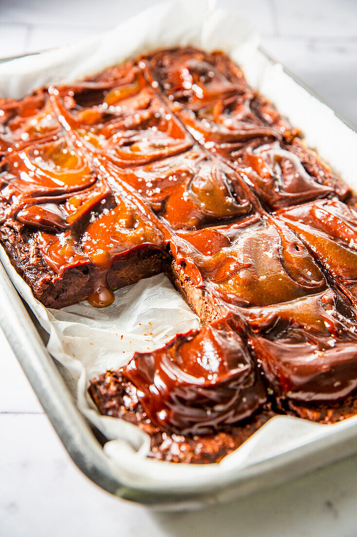 Vegan brownies with ganache and salted caramel