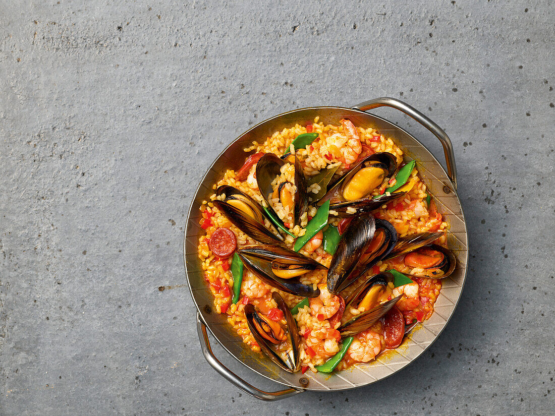 Spanish paella with chorizo and seafood