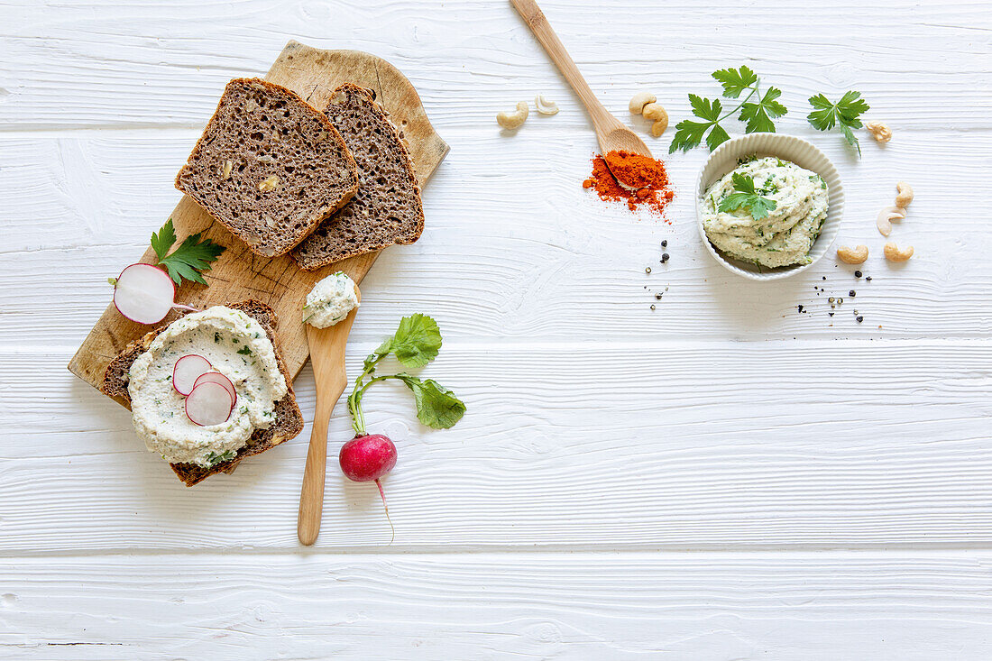 Cashew cheese with herbs as a sandwich spread