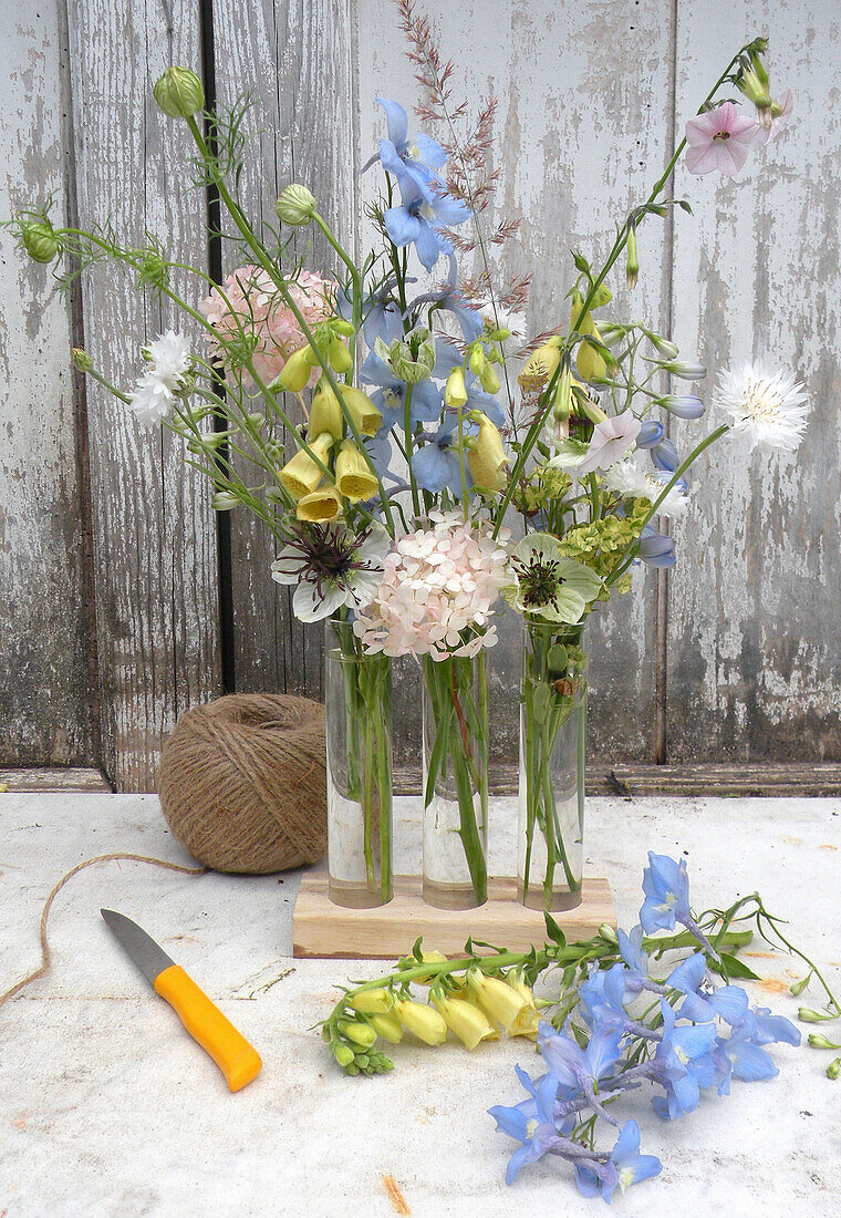 Bouquet with large-flowered foxglove (Digitalis grandiflora) and delphinium in glass vases