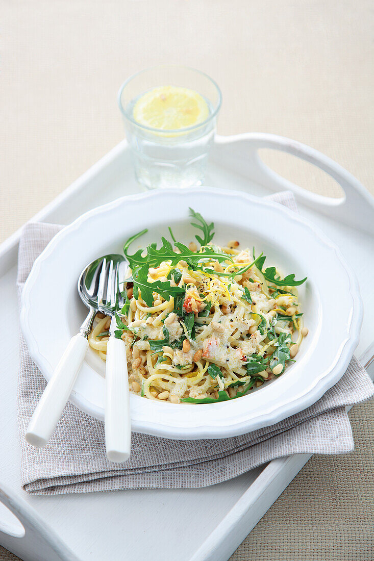 Linguine with shrimp, rocket, and pine nuts