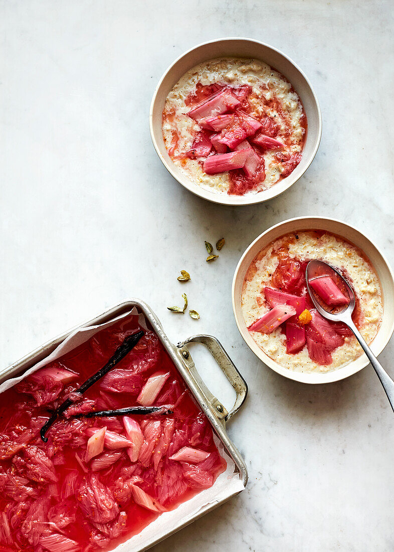 Compote of roasted rhubarb, maple syrup, and cardamom on porridge