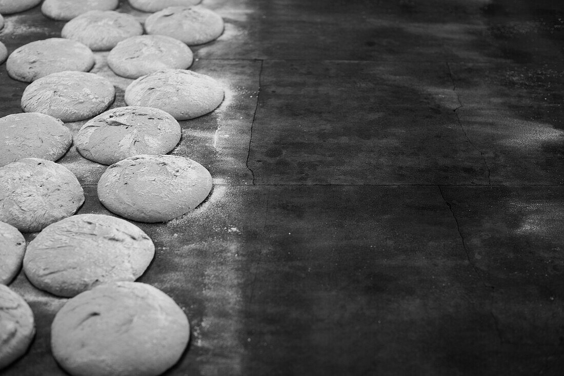 Unbaked breads in a bakery