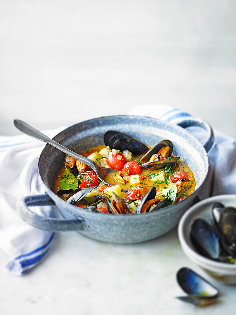 Mussel soup with olives and tomatoes