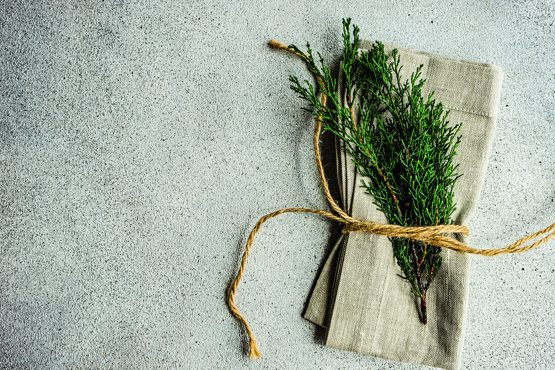 Fabric napkin with evergreen thuja branches