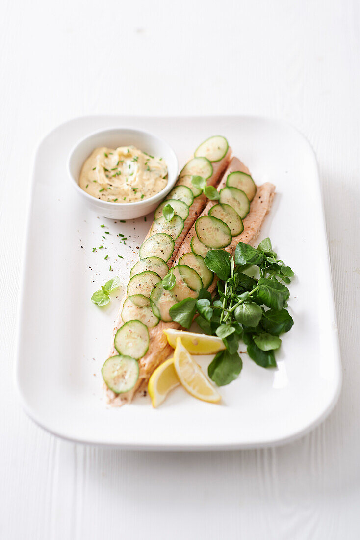 Poached salmon in foil with herb mayonnaise