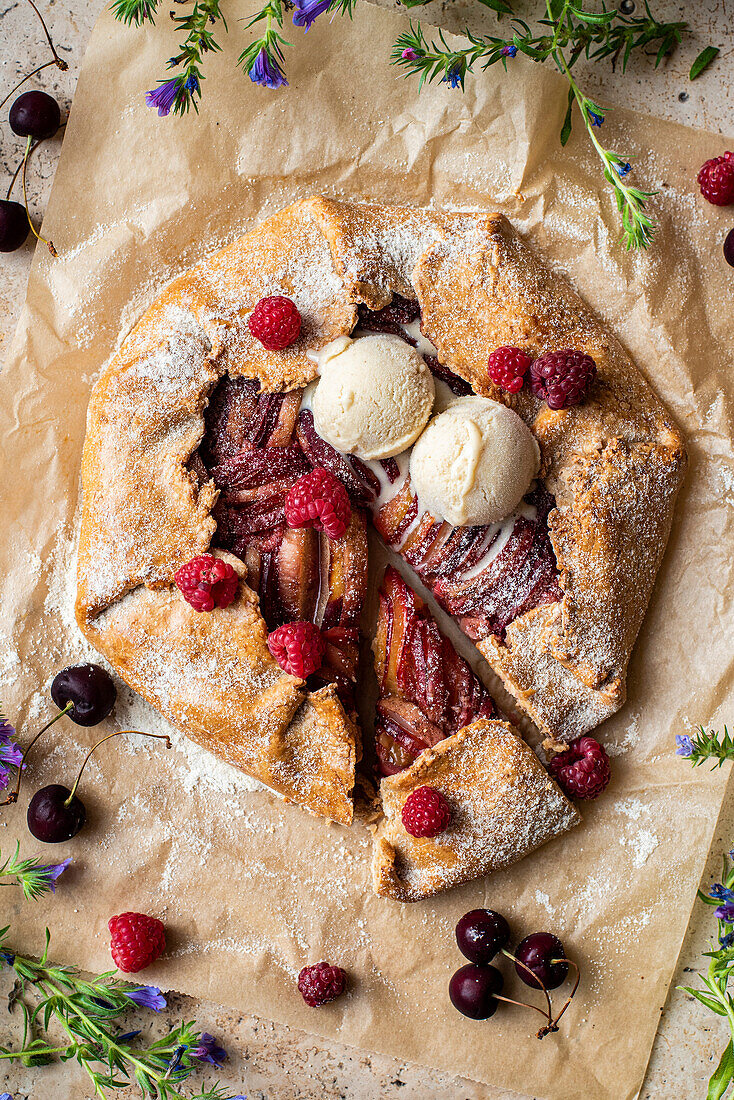 A French Stone Fruit Galette, served on parchment paper