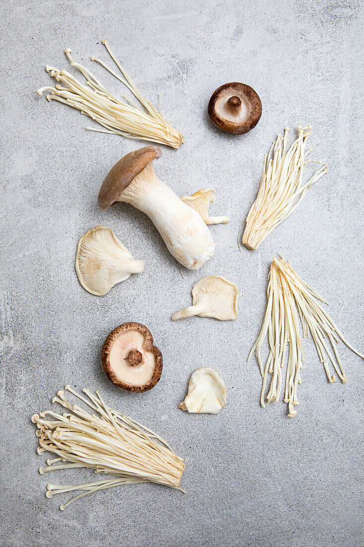 Mixed mushrooms on a granite background