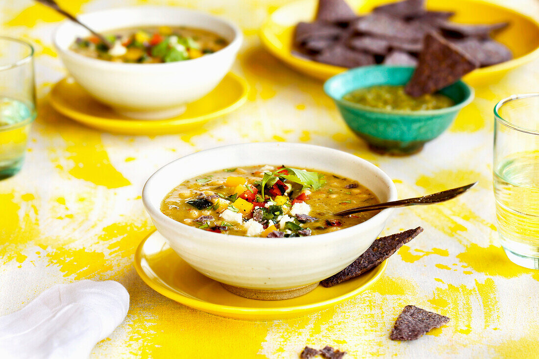 Vegetable soup with white beans, tomatillos, and roasted peppers