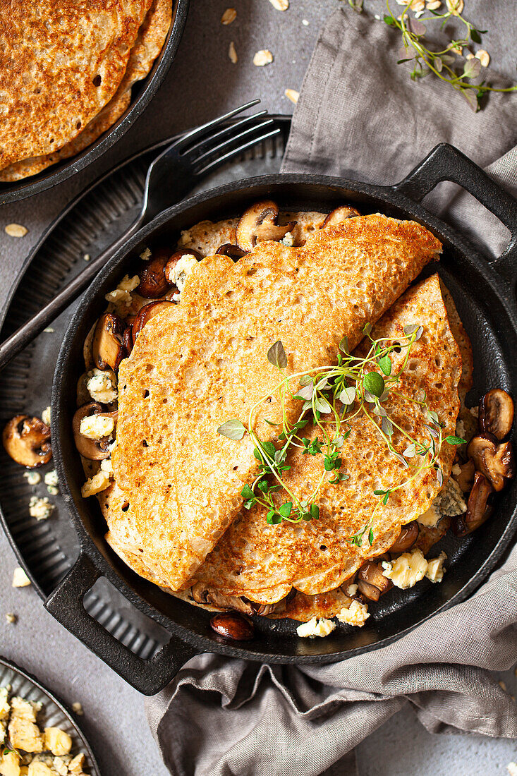 North Staffordshire oatcake pancakes with blue cheese, mushrooms and thyme