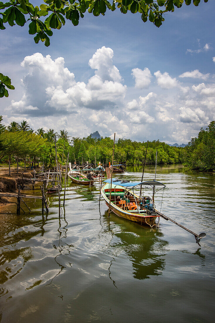 Longtail-Boote in einer Mangroven-Lagune der Phang Nga Bay (Thailand)