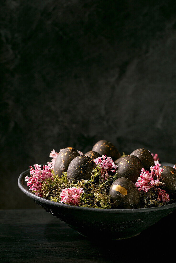 Black Easter concept Bio colored black eggs with golden spots laying on wild moss with small pink flowers in black ceramic bowl on dark wooden background Copy space