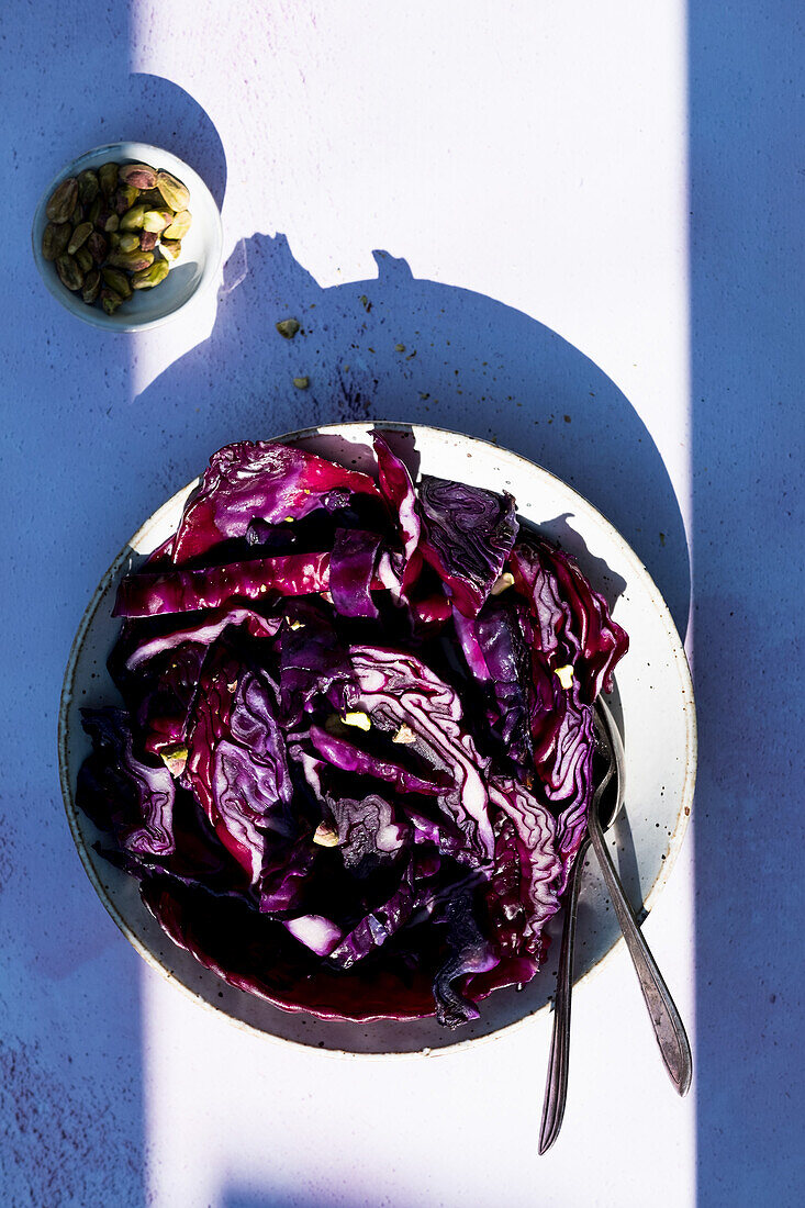 Fresh vegan salad made of ripe red cabbage