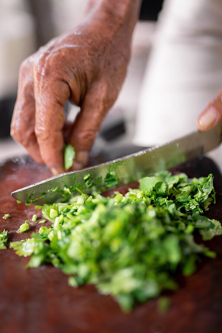 Crop anonymous cook cutting fresh green cilantro with sharp knife on wooden board