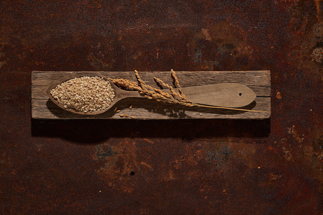 Wooden spoon with raw sesame seeds on wooden boards with rice ears placed on table in light room