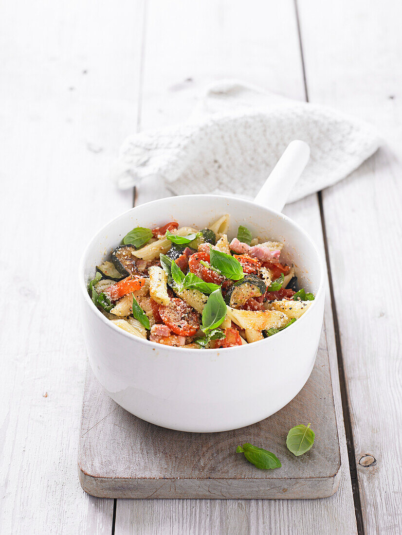 Pasta with roasted summer vegetables and pancetta