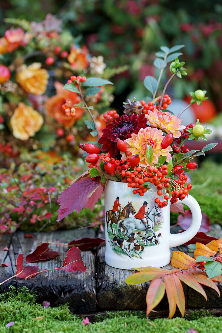 Pitcher with dahlias and berries (Dahlia)