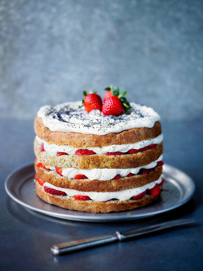 Strawberry Poppy Seed Cake with Cream