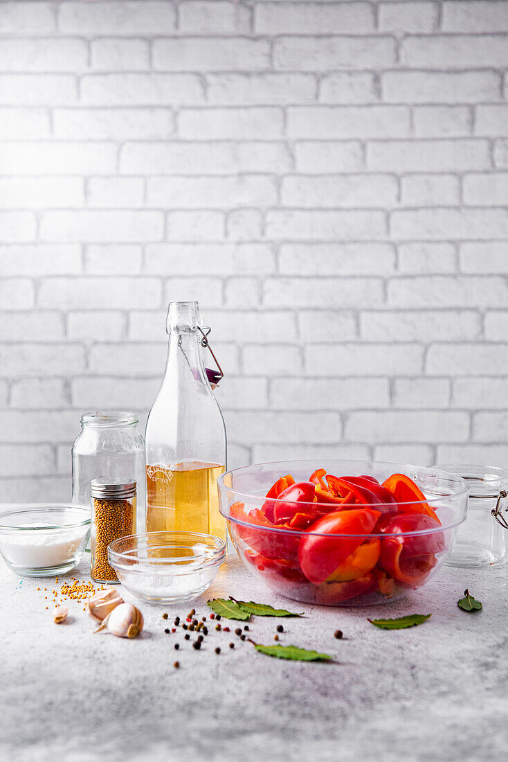 Allmingriedients ready for sweet pickling red peppers