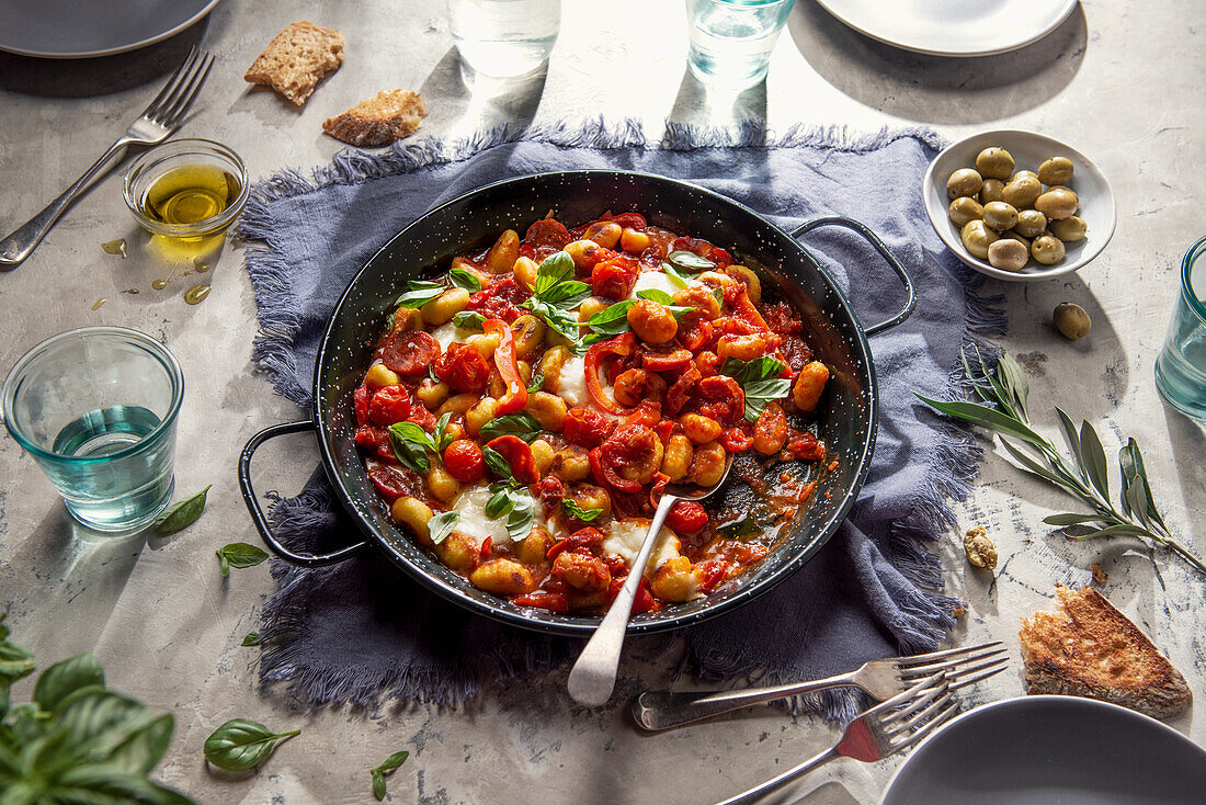 Gnocchi in tomato and basil sauce with chorizo sausage, mozzarella and fresh basil