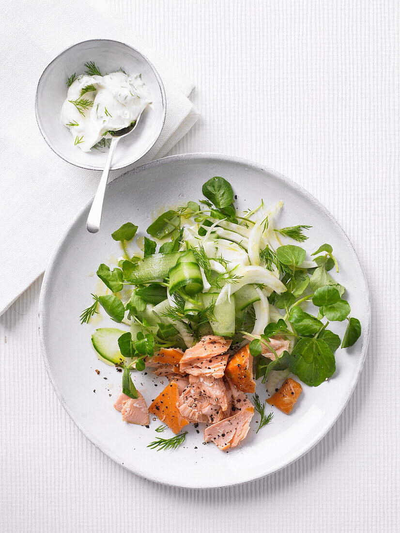 Heiß geräucherter Lachs mit Fenchelsalat und Zitronenmayo