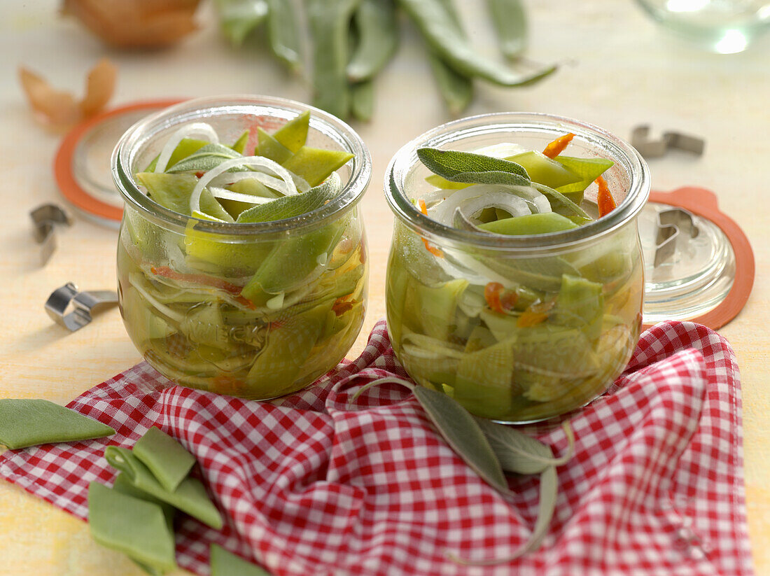 Pickled runner beans with sage